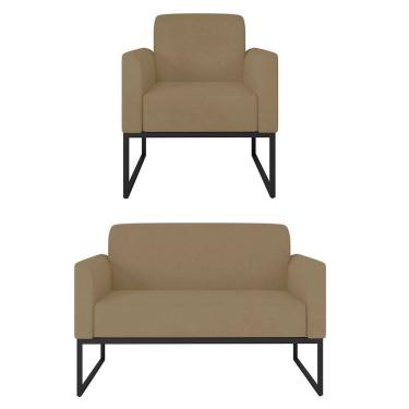 Imagem de Kit Namoradeira e 1 Poltrona Decorativa Base Industrial Preta Maressa S12 Suede Marrom Rato - Ibiza