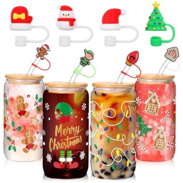 Imagem de Baderke 4 peças de copos de vidro de Natal com 8 tampas de palha estilo lata de cerveja conjunto de copos de bebida de 473 ml árvore de Natal copo de café gelado copo de Papai Noel frascos