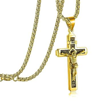 Imagem de FULULAY Colar de aço inoxidável com pingente de cruz de Jesus Cristo Crucifixo / Verso da Bíblia Oração do Senhor para homens/meninos/mulheres, em corrente de rolo, prata/ouro/preto, Aço inoxidável, Sem Pedra Preciosa