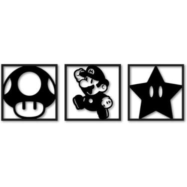 Imagem de 3 Quadros Decorativos Aplique de Parede Tema Game Mario Bros MDF Preto