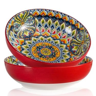 Imagem de Noevany Conjunto de 2 tigelas grandes vermelhas de cerâmica estilo boêmio de 25,4 cm para entretenimento e festa, tigelas para sopa de macarrão, cereais ramen de frutas, podem ser lavadas no forno