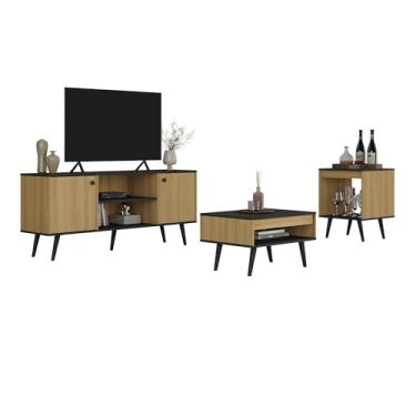 Imagem de Conjunto Sala de Estar Tóquio 3 Peças, Rack para TV, Mesa de Centro e Mesa de Apoio, Cor Mel/Preto, Design Moderno e Funcional, Estrutura em MDP, Alta Durabilidade e Acabamento Elegante – Ozini