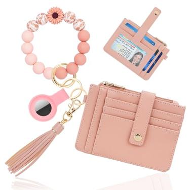 Imagem de Sunpour Chaveiro de pulso com carteira – porta-cartão RFID mini carteira com suporte AirTag, bolsa de moedas e caixa de presente, Rosa claro, 0.3*4.97*3.6, Tendência