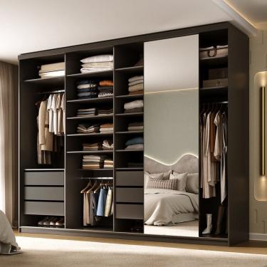 Imagem de Guarda-roupa Closet Casal 100% Mdf Bp 277,7cm com 1 Porta Espelho 6 Gavetas Sion Preto
