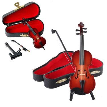 Imagem de Brinquedo de violoncelo em miniatura de madeira com suporte, laço e es