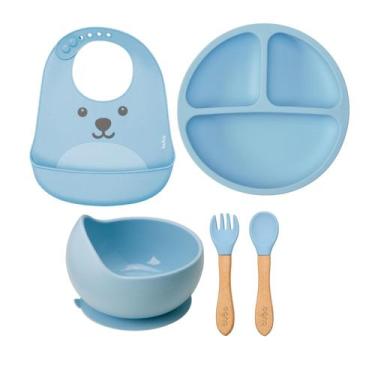 Imagem de Kit Buba Prato Bowl Babador Talheres Silicone Bambu Bebê, Azul