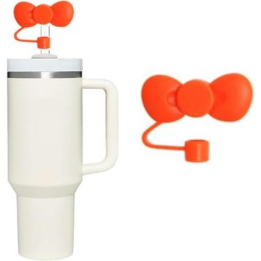 Imagem de Topo de palha de silicone com laço fofo laranja para Stanley 30 e 1,134 g, tampa de palha à prova de respingos, capa de canudo reutilizável, capas de ponta de canudo de 10 mm para Stanley