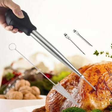 Imagem de Baster de peru com escova de limpeza, seringa baster de aço inoxidável e lâmpada de sucção de silicone para torrefador de peru, inclui 2 agulhas injetoras de marinada de carne
