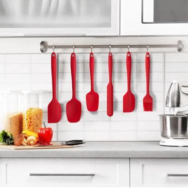 Imagem de Conjunto de 6 espátulas de silicone, utensílios de cozinha para cozinhar, misturar panelas antiaderentes resistentes ao calor (vermelho)