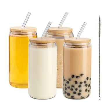 Imagem de 1 copo de vidro transparente com tampa e canudo, conjunto de copos de café gelado de 473 ml com tampas, copos de vidro essenciais para casa para cerveja gelada, coquetel, chá, latte, smoothie