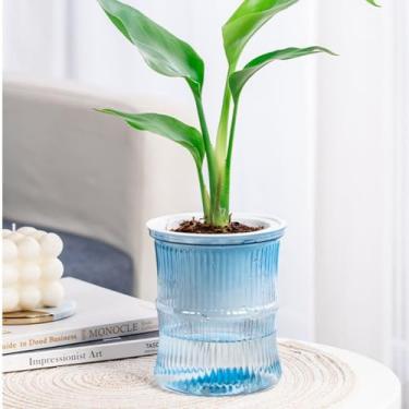 Imagem de Estações de propagação de plantas – Vaso de vidro azul texturizado | Vaso de mesa independente para decoração de sala de estar e quarto