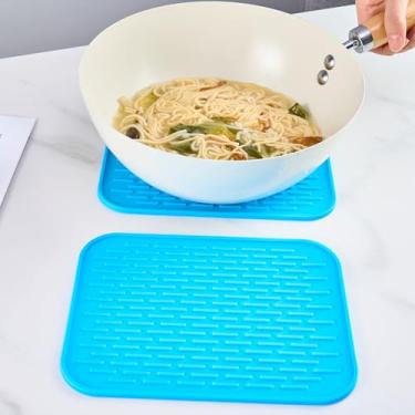 Imagem de 4 peças de suporte de panela de silicone, protetor de bancada de cozinha antiderrapante, tapete de mesa decorativo (azul)