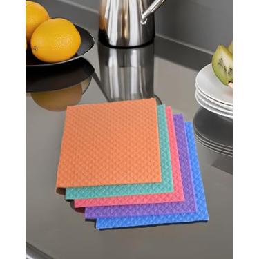 Imagem de Pacote com 10 panos de prato de algodão de polpa de madeira de 0,2 cm de espessura - Limpador de cozinha multiuso, absorvente e reutilizável, 5 combinações de cores - Esponjas de lavar louça