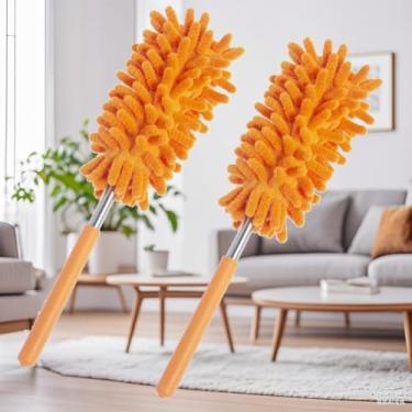 Imagem de 2 peças de espanador de microfibra para limpeza, mastro extensível e design destacável, ideal para limpeza de janelas, móveis e ventilador de teto, laranja