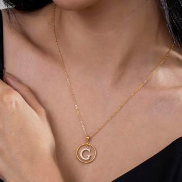 Imagem de Colar de strass com inicial A-Z - Joias delicadas com pingente circular com corrente ajustável, colar de alfabeto personalizado para mulheres,, F, Aço inoxidável, Sem Pedra Preciosa