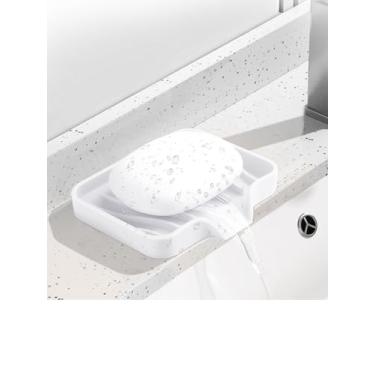 Imagem de 2 peças de suporte de sabão autodrenante, saboneteira de silicone, adequado para cozinha, banheiro, chuveiro, banheira, recipiente de sabão (branco)