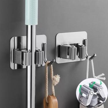 Imagem de Suporte de parede para vassoura, 2 peças de aço inoxidável organizador autoadesivo