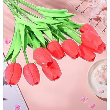 Imagem de 10 peças/conjunto de flores artificiais tulipas toque real para presentes de primavera Páscoa flores artificiais a granel casa cozinha buquê de casamento (vermelho, 33 cm)