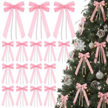 Imagem de LOYIM 24 peças de laços de fita de veludo para árvore de Natal, ornamentos de fita rústica, artesanato vintage, laços de guirlanda para porta de Natal, decorações de embrulho de presente (rosa)