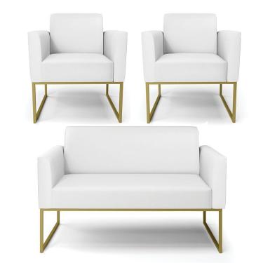 Imagem de Sofá Namoradeira Com 2 Poltronas Base Industrial Dourado Marisa Corino D03 - D\'rossi Cor Branco