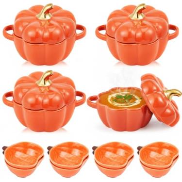 Imagem de Tioncy Conjunto de 12 tigelas e panelas de abóbora: 4 tigelas de sopa de abóbora de cerâmica de 400 ml com tampas e 8 x 170 g de pratos de servir de ramekin seguros para o forno, outono, Halloween