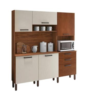 Imagem de Armário De Cozinha Kit 6 Portas Ferrara Kits Paraná Nogueira Off White Ripado Nogueira Off White Ripado