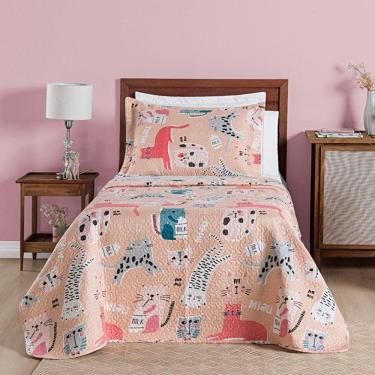Imagem de Kit Cobre Leito Colcha Solteiro Infantil Fantasy Dupla Face Microfibra 2 Peças - Gatinha Rosê