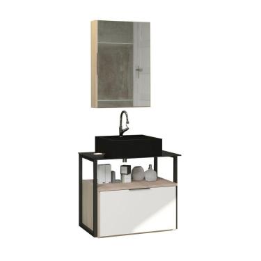 Imagem de Conjunto Gabinete Urbe 60cm Madeirado Branco Tampo Preto Cuba Preto