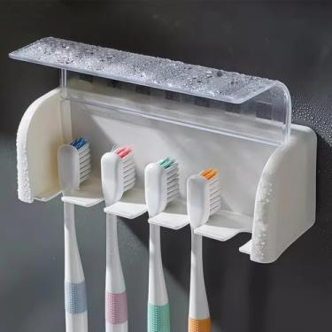 Imagem de Suporte de escova de dentes de parede com 5 compartimentos com capa para chuveiro, organizador de armazenamento de cabide de escova de dentes autoadesivo para organizador de armário de RV familiar