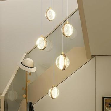 Imagem de Luminária De Teto Pendente Luminária De Escada Lustre De Bola De Vidro Lustre Led, Luz Pendente De Escada Luzes Penduradas Longas Escadas De Comprimento Ajustável E Vida, One Color, 5 heads