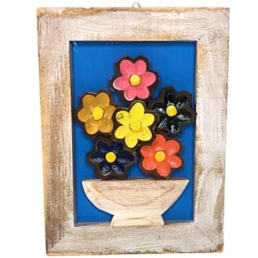 Imagem de Quadro Pequeno Decorativo Artesanal em Madeira, Flores Coloridas em Relevo, Estilo Rústico, Fundo Azul, Moldura Branca