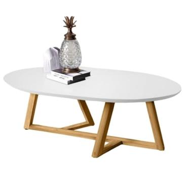 Imagem de Mesinha De Centro De Sala Classic Oval Pés De Madeira Maciça- Design Atemporal e Seguro para Famílias - Ideal para Sala de Estar com Crianças(Branca)