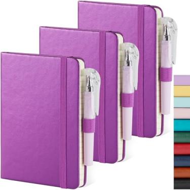 Imagem de Caderno de bolso pequeno NIRMIRO com canetas para trabalho, capa dura, A6, 9,4 x 14,5 cm, pautado para faculdade, com papel premium de 100 g/m², roxo perolado (pacote com 3)