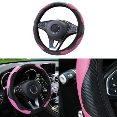 Imagem de Couslcd Capa de volante de carro, protetor de volante elástico de couro sintético de microfibra de fibra de carbono de 38 cm para homens e mulheres, antiderrapante, respirável, acessórios interiores