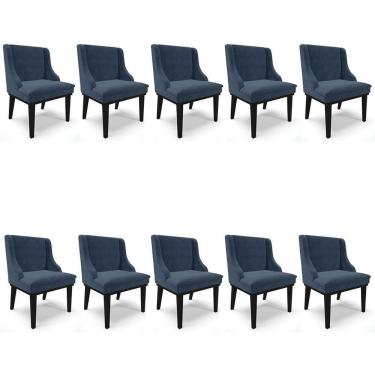 Imagem de Kit 10 Cadeiras Estofadas Para Sala De Jantar Base Fixa De Madeira Preto Lia Suede Azul Marinho - Ibiza