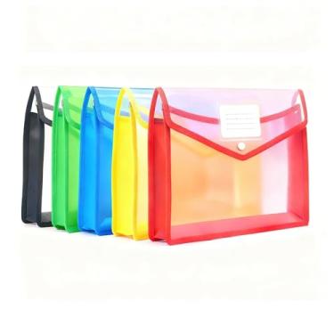Imagem de Pacote com 5 pastas de plástico A4 para carteira, envelopes transparentes de poliéster à prova d'água, pastas expansíveis, transparentes com bolso de etiqueta e fecho de pressão para escola
