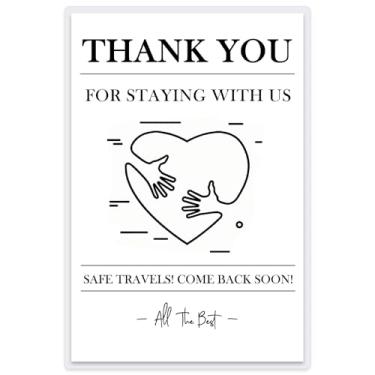 Imagem de Kacenamo Placa Thank You For Staying With Us - Cartão de despedida laminado de 10 x 15 cm com mensagem de viagens seguras e 4 pontos adesivos sem danos, para aluguel de férias, Air BnB e hotelaria de