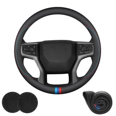 Imagem de Erivis Capa de volante de carro de couro Nappa personalizada para Chevy Silverado Equinox Traverse Tahoe Colorado Trailblazer Acessórios, universal 35,5-38 cm com logotipo, antiderrapante e respirável