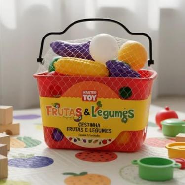Imagem de Cestinha de Frutas e Legumes Infantil, Vermelha, 12 Peças em Plástico, Brinquedo Educativo para Faz de Conta com Alimentos