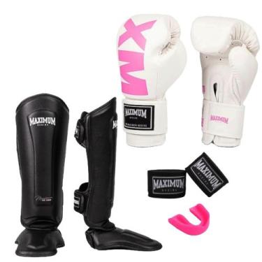 Imagem de Kit Luva Muay Thai Mxm White/Pink + Caneleira Muay Thai Classic Black 