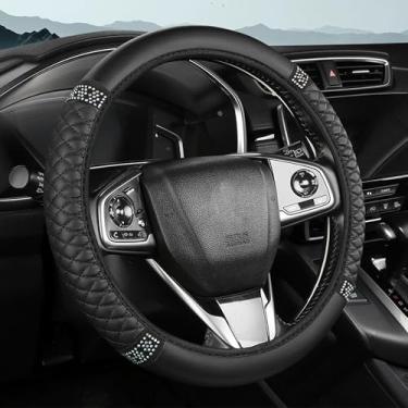Imagem de Tioollev Capa de volante de carro brilhante, protetor de volante elástico de couro macio de strass de 38 cm, diamante de cristal brilhante para mulheres e meninas, acessórios de interior de carro para