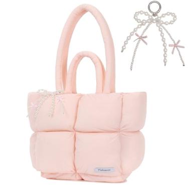 Imagem de Pinkment Bolsa feminina acolchoada com pingente de laço fofo - bolsa de ombro leve estilo coreano, espaçosa para viagens, academia, faculdade, fim de semana, bolsa esportiva pronta para presente