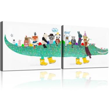 Imagem de 2 peças emolduradas jacaré animal fofo desenho animado arte de parede decoração impressão em tela pôster moderno galeria quarto sala de estar quarto do bebê sala de jogos crianças 30,5 x 40,6 cm
