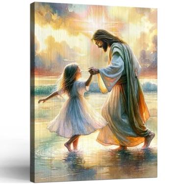 Imagem de Arte de parede religiosa em tela emoldurada inspiradora Jesus e menina galeria cristã pôster arte fé decoração espiritual para sala de estar quarto escritório sala de oração igreja ou escola dominical