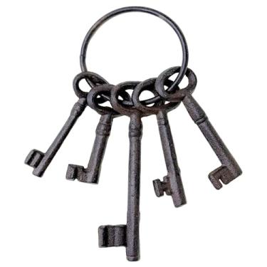 Imagem de Conjunto de 5 chaves de esqueleto vintage, chaves de ferro fundido rústico estilo antigo no anel, chaves de metal antiquadas para acessórios piratas, decorações de Halloween, decoração de casa