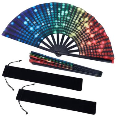 Imagem de NBEADS 2 conjuntos de leques de mão dobrável de 61 cm, ventilador de dança vibrante com design de arco-íris com bolsas de armazenamento, ventiladores decorativos dobráveis portáteis para raves