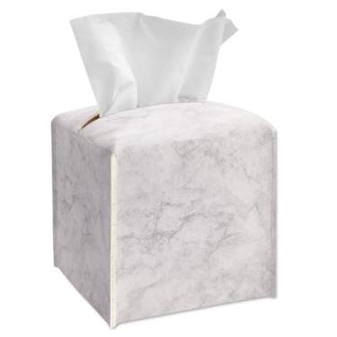 Imagem de Capa quadrada de caixa de lenços moderna, suporte de caixa de lenços com textura de mármore cinza com cinto inferior, suporte de papel facial de couro para bancada de banheiro, mesinhas de cabeceira