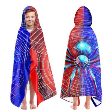 Imagem de Toalhas de praia com capuz para meninos com estampa de teia de aranha para crianças de 4 a 8 anos, toalhas de banho com capuz para crianças adolescentes meninos 76 x 127 cm de secagem rápida azul