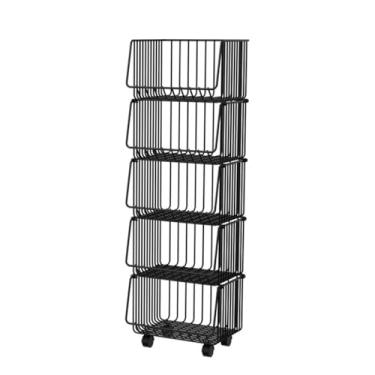 Imagem de Cesta de armazenamento de vegetais de cozinha de 5 níveis, rack de frutas empilhável de arame com rodas, prateleira de armazenamento resistente para cebolas e batatas, carrinho utilitário