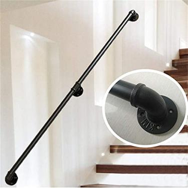 Imagem de Trilhos de escada de tubo galvanizado de ferro forjado retrô, alças de corrimão de escada pretas (1 pés-6 m) dentro e fora do corredor do sótão (tamanho: 4 m)